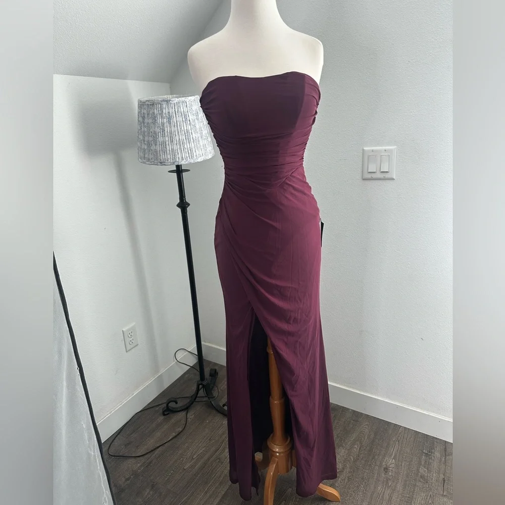Lulu’s Epitome of Allure Purple Mesh Strapless Ruched Tulip Maxi Dress Small - Picture 5 of 7